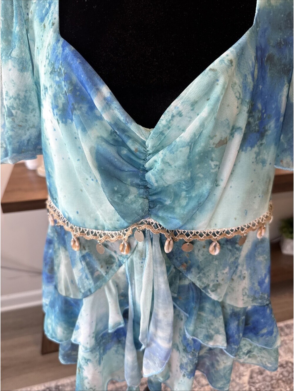 SHEIN Blue Tie Dye Blouse Shells And Sparkle Sheer Bottom Size 0XL